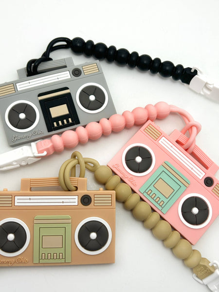  Boom Box Silicone Teether with Clip - Tan