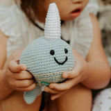 Playful Narwhal Baby Rattle – Handmade Organic Cotton Toy