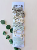 Set of 10 Bow Barrettes - Sage Green